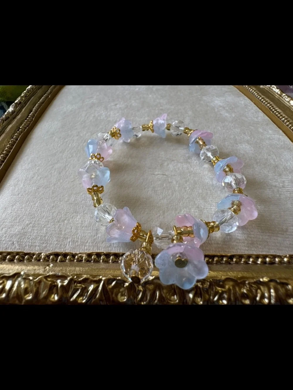 Pink and Blue Glass Flower Bracelets One Size Fits Most Set of Three